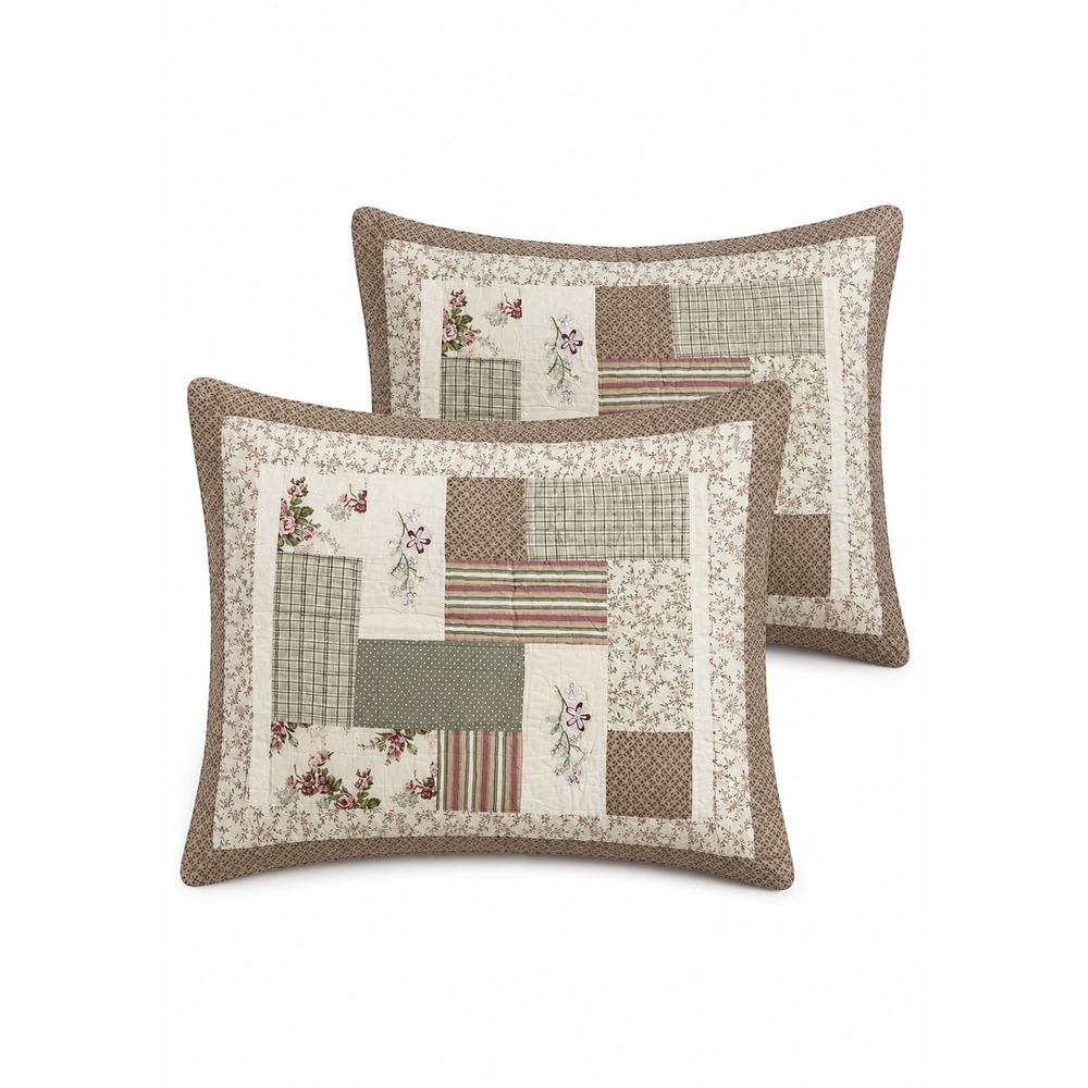 2 Vintage Country Farmhouse Cottage Patchwork Floral & Plaid Pillow Shams
